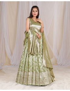 Pista Banarasi Silk Gown