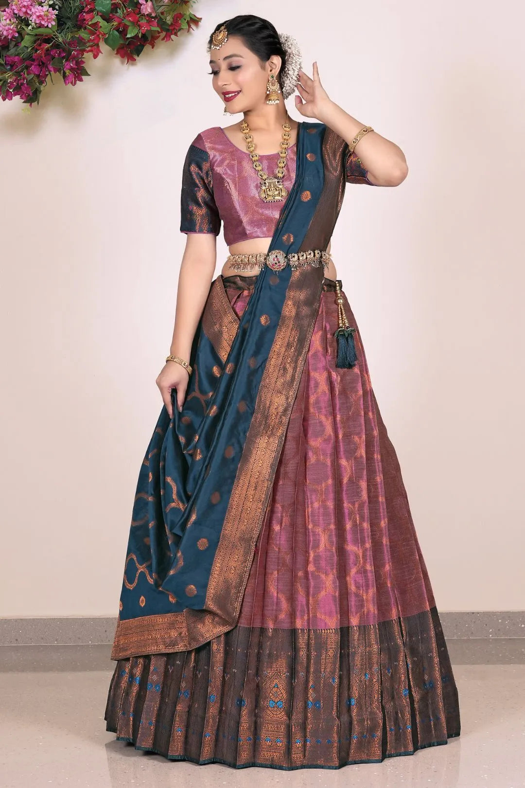 Magenta Banarasi Silk Half Saree Lehenga For Women