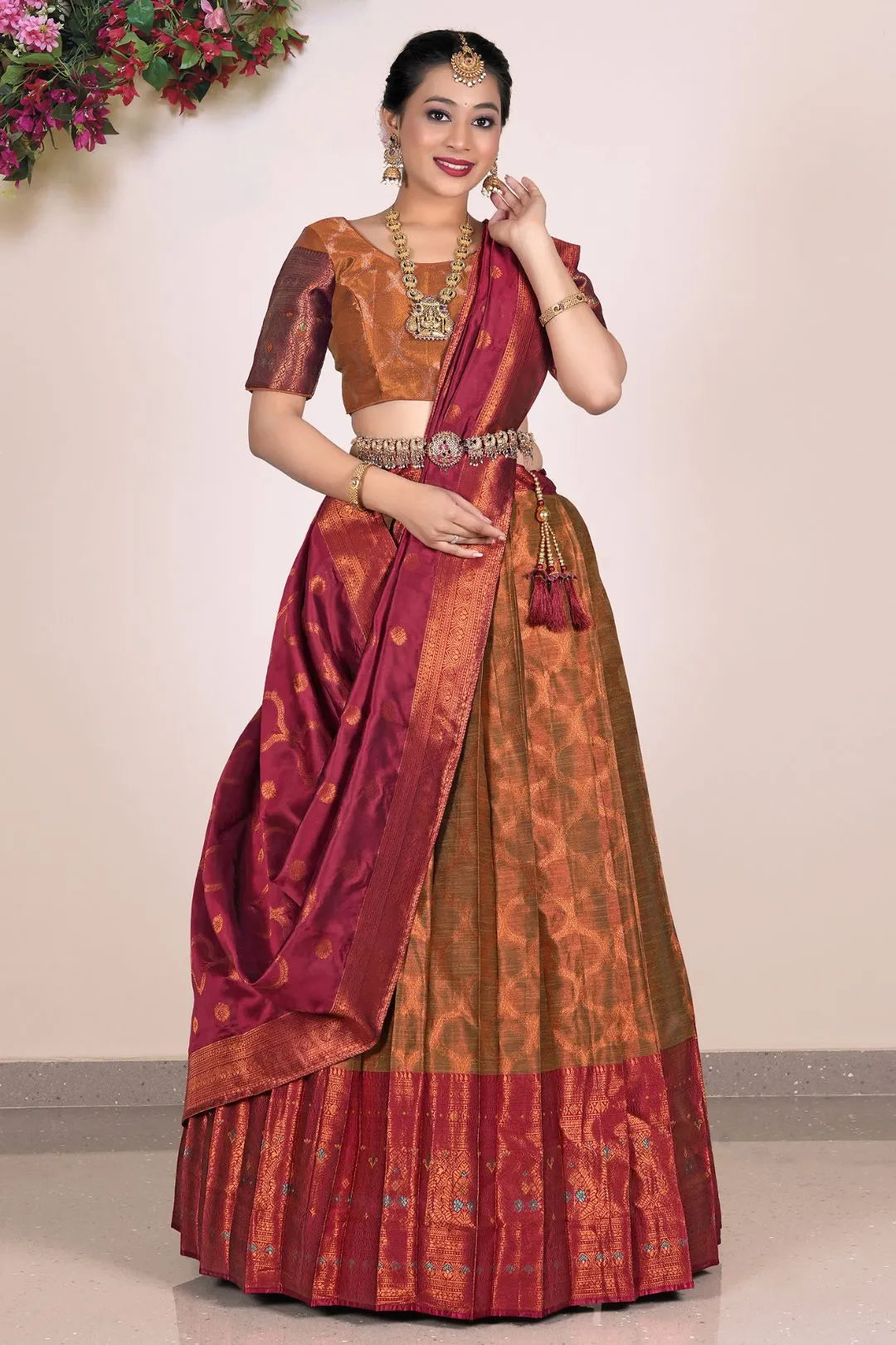 Musterd Banarasi Silk Half Saree Lehenga For Women