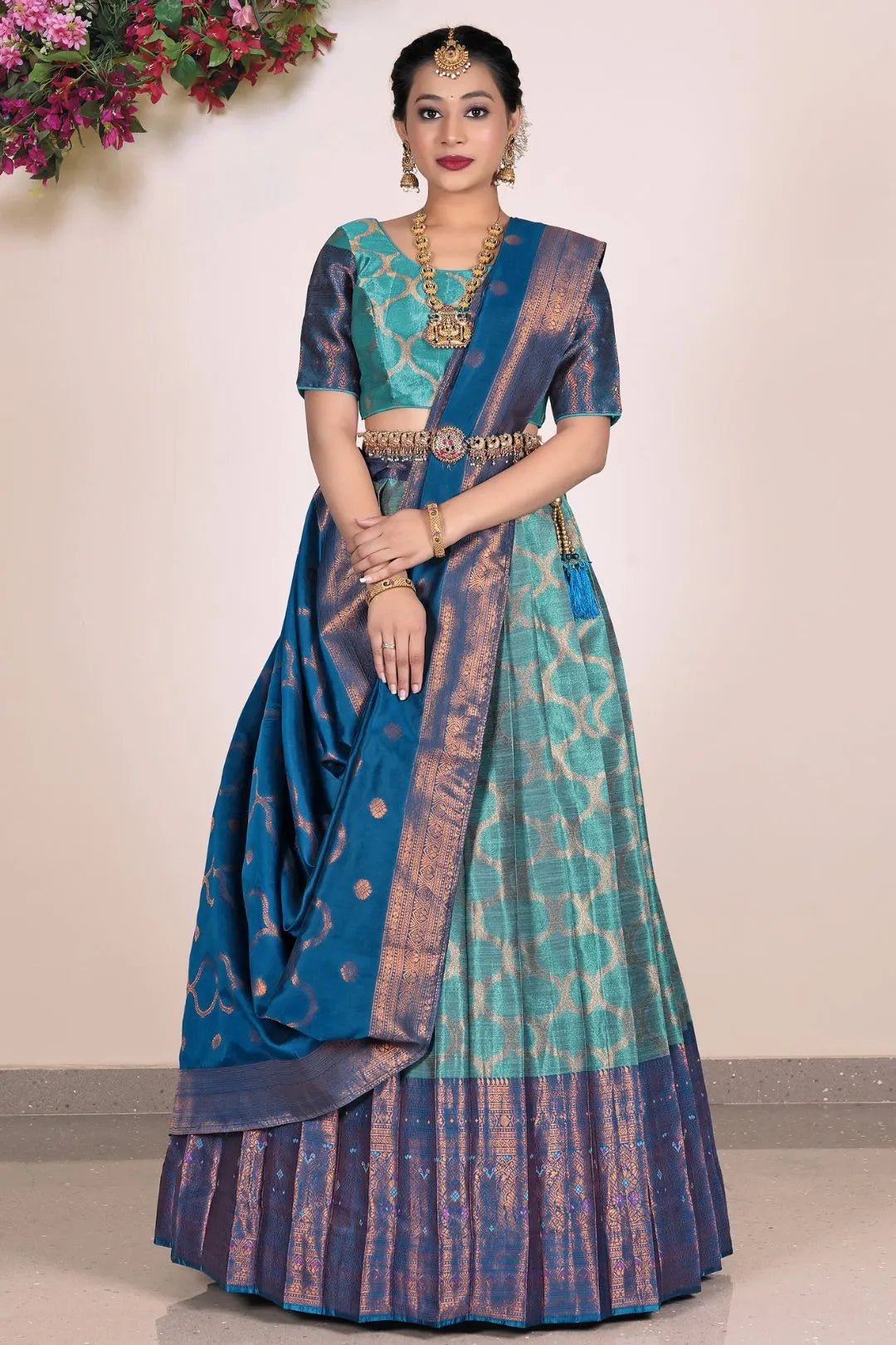 Sea Green Banarasi Silk Half Saree Lehenga For Women