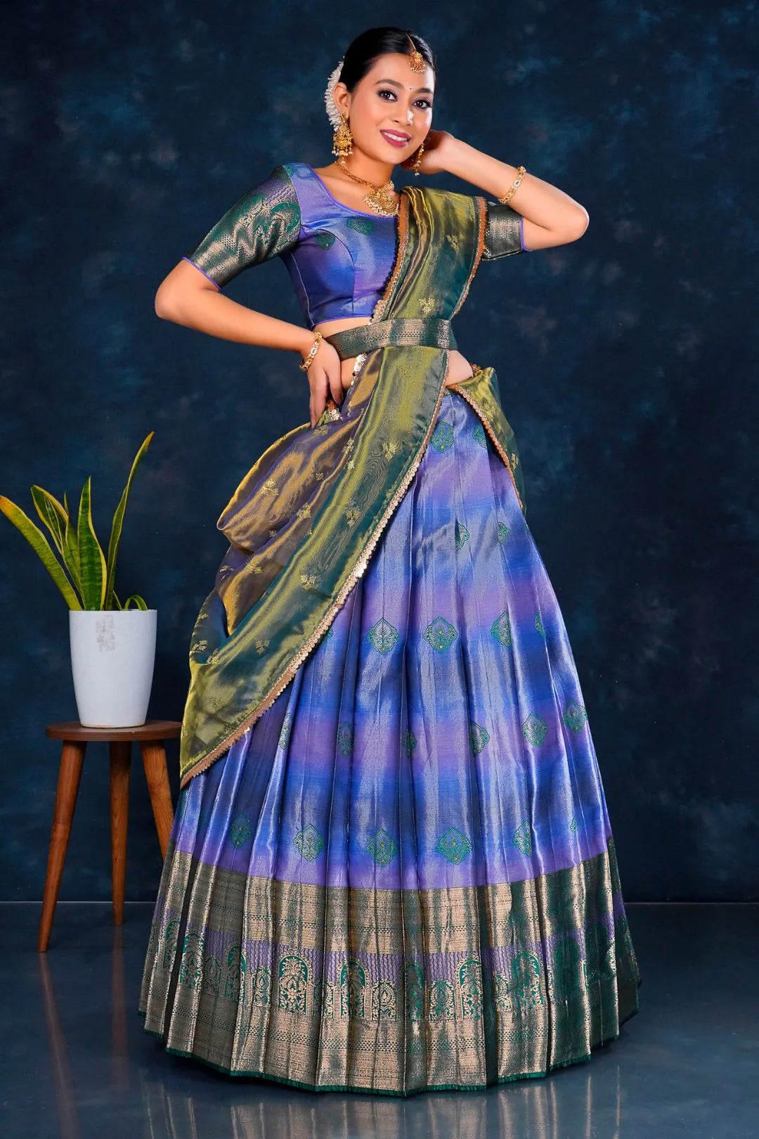 Blue Banarasi Designer Half Saree For Women