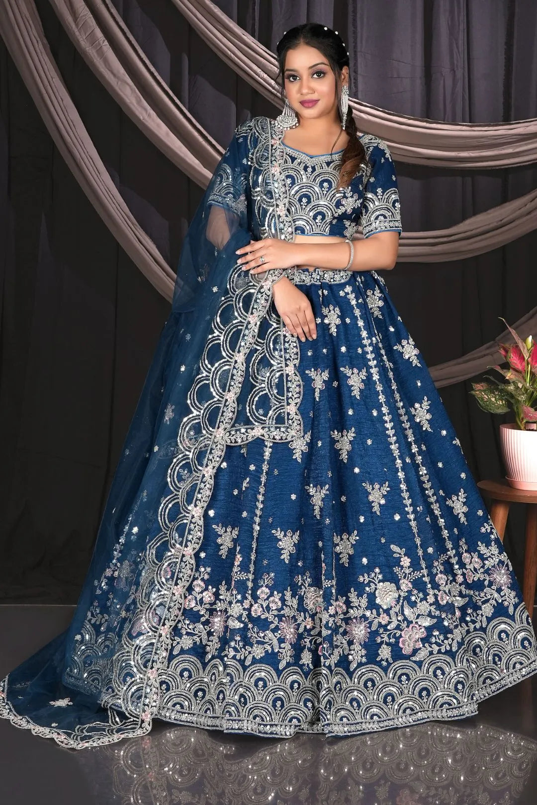 Blue Fendy Silk Zari Lehenga Choli For Women