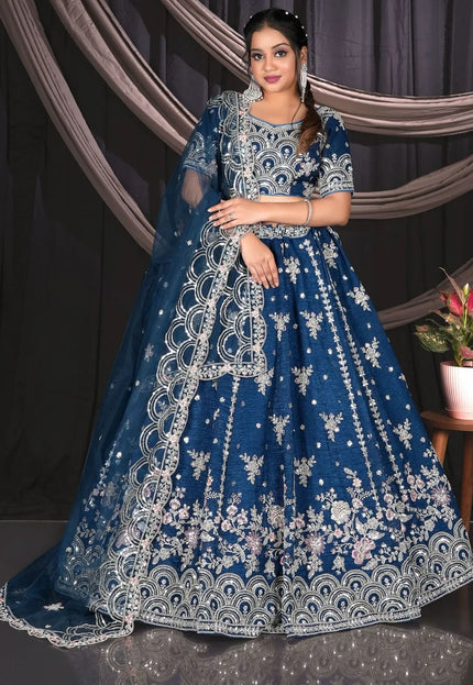 Blue Fendy Silk Zari Lehenga Choli For Women