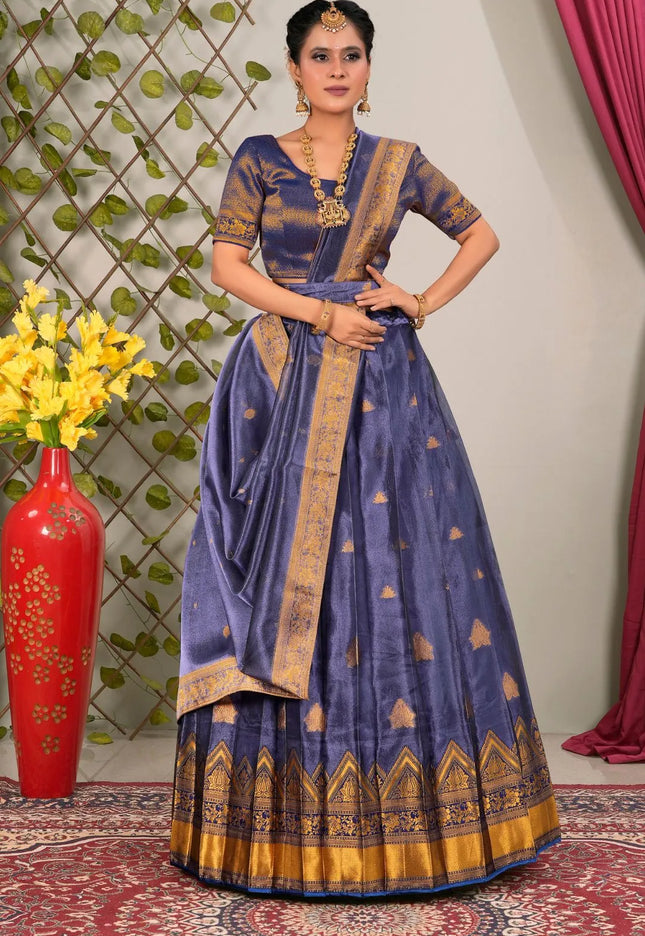 Blue Tissue Silk Lehenga Choli with Dupatta For Women