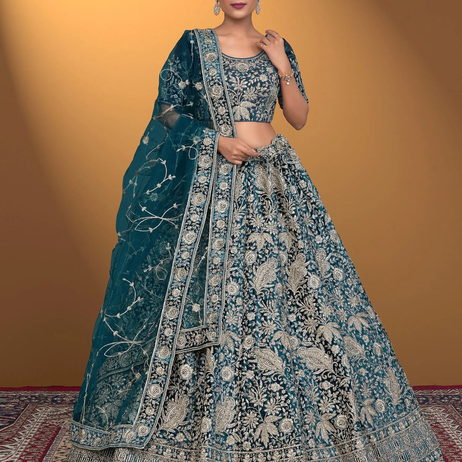 Woman wearing a traditional blue embroidered outfit