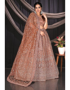Brown Net Party wear Embroidered Lehenga Choli For Women