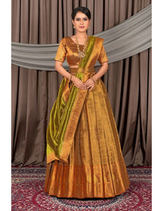 Brown Pure Two Tone Zari Tissue Pattu Half Saree For Women