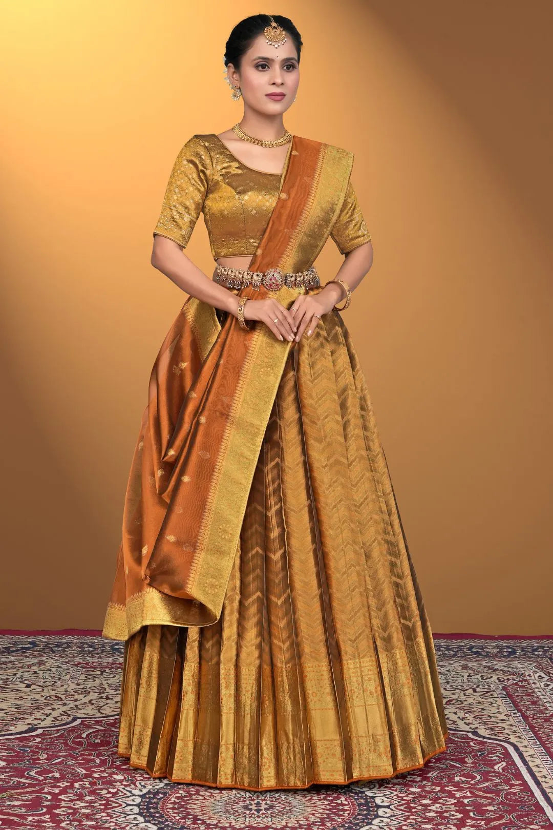 Brown Pure Two Zari Tissue Half Saree For Women
