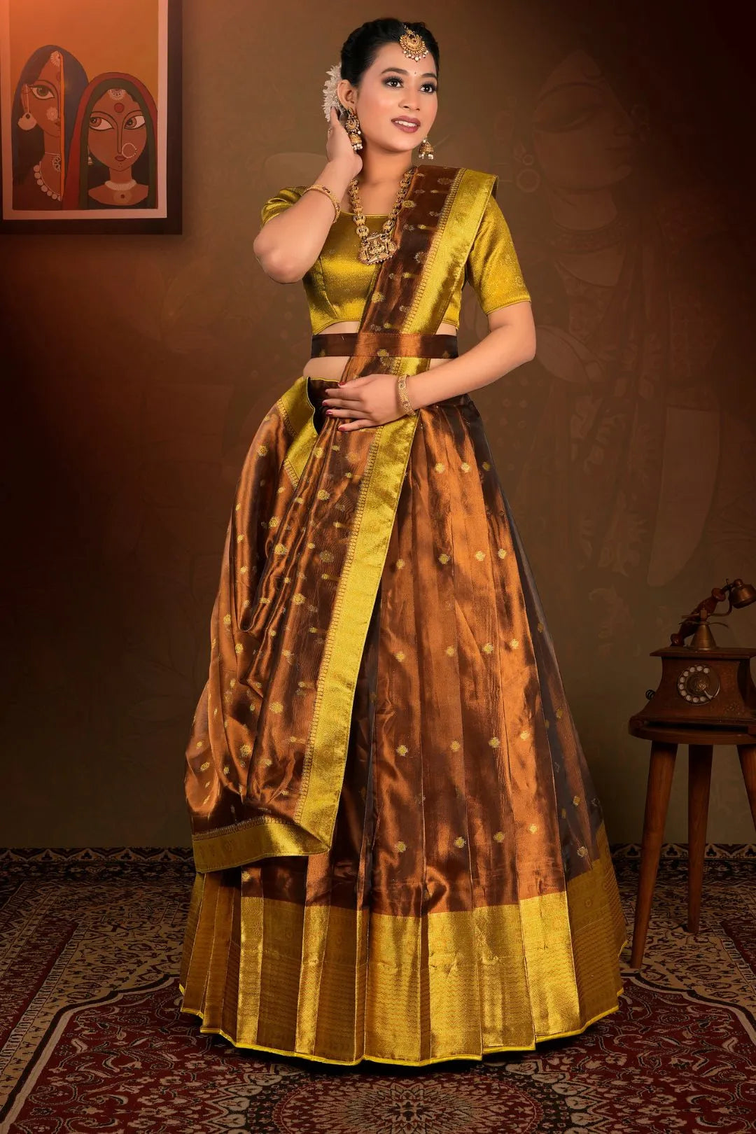 Brown Tissue Silk Zari Work Lehenga Choli For Women