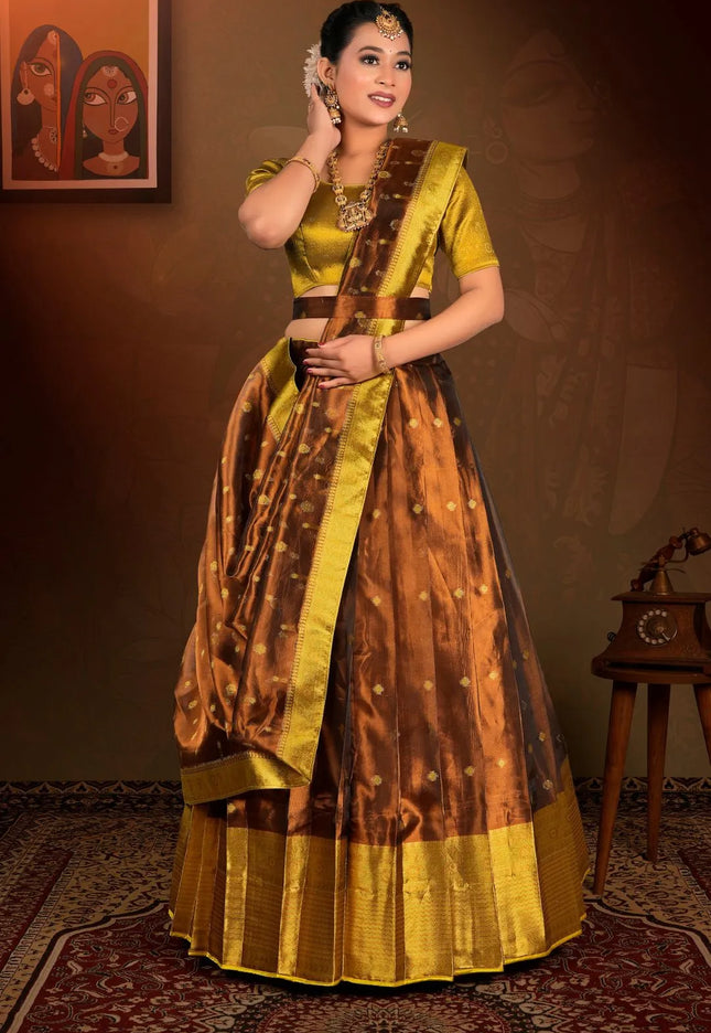 Brown Tissue Silk Zari Work Lehenga Choli For Women