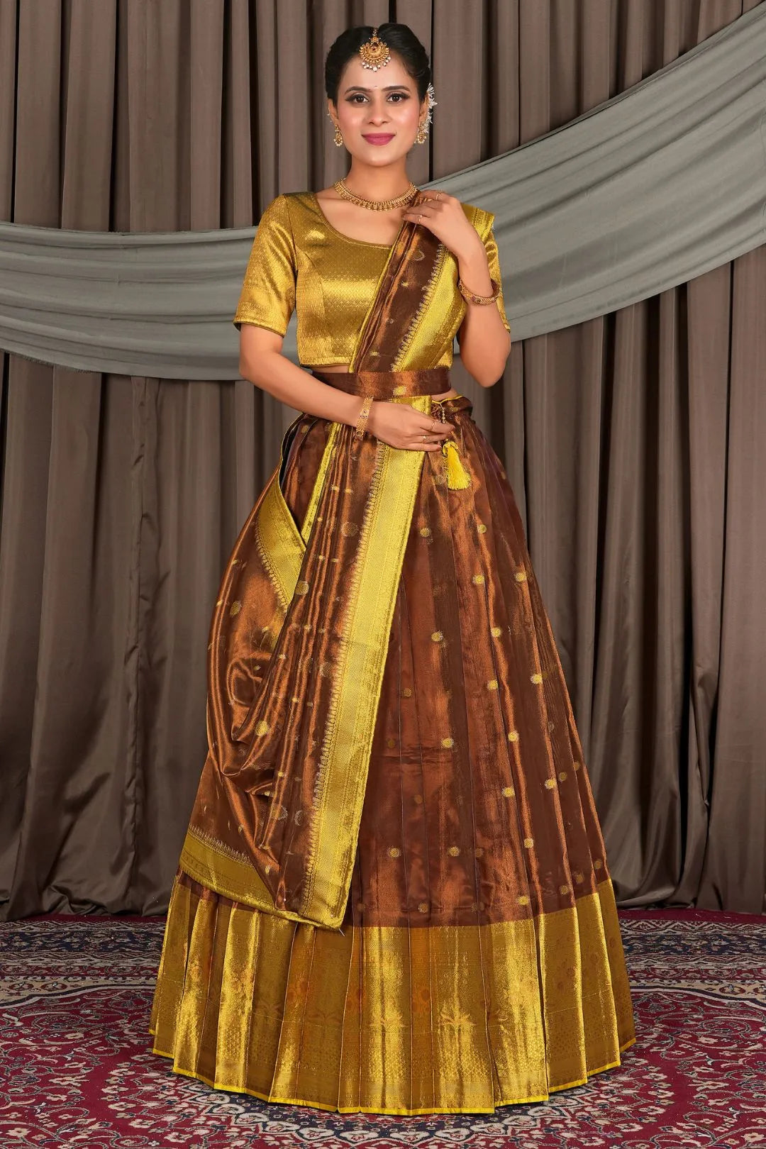Brown Tissue Silk Zari Work Lehenga For Women