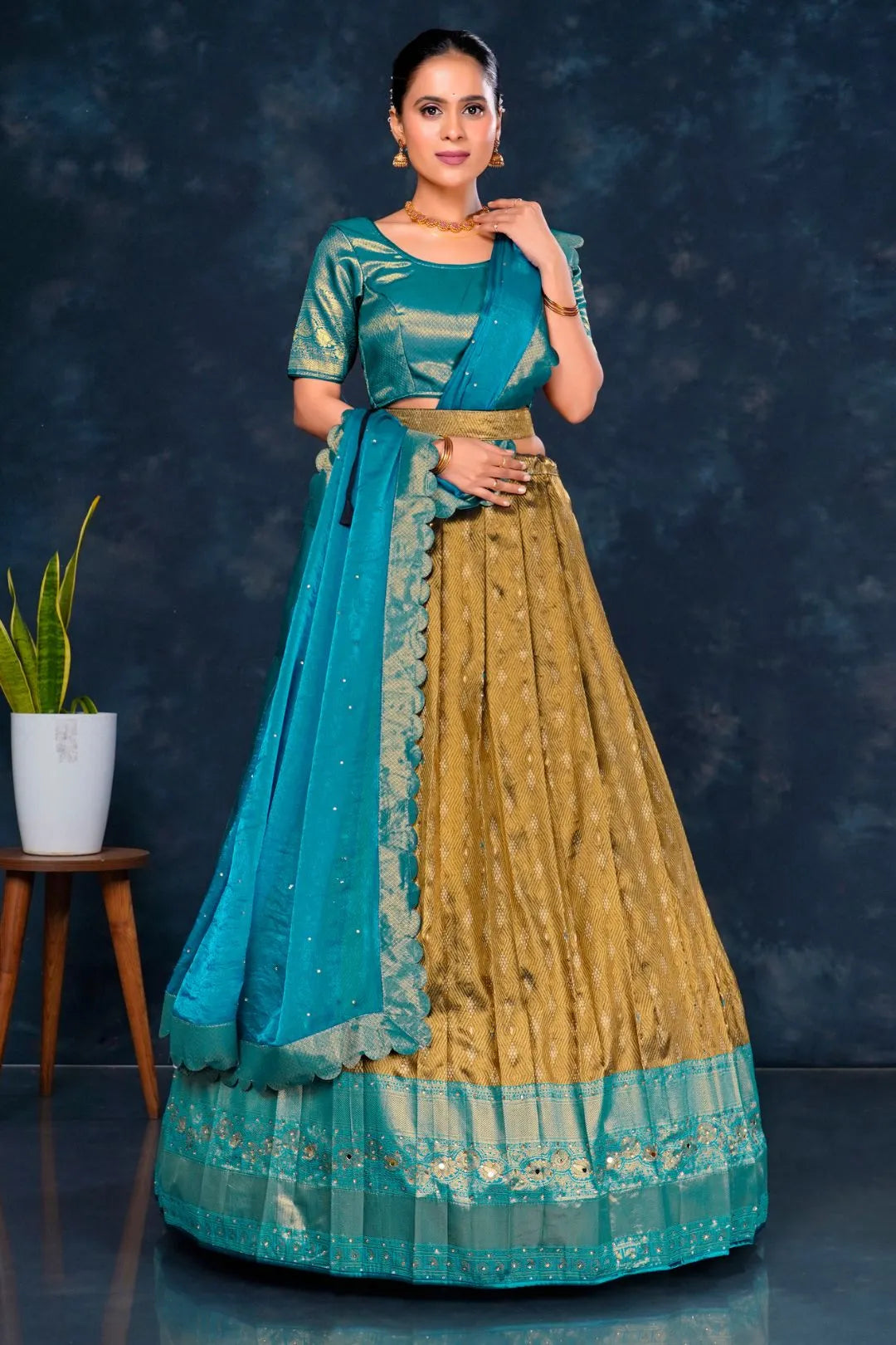 Chiku Banarasi Designer Half Saree For Women