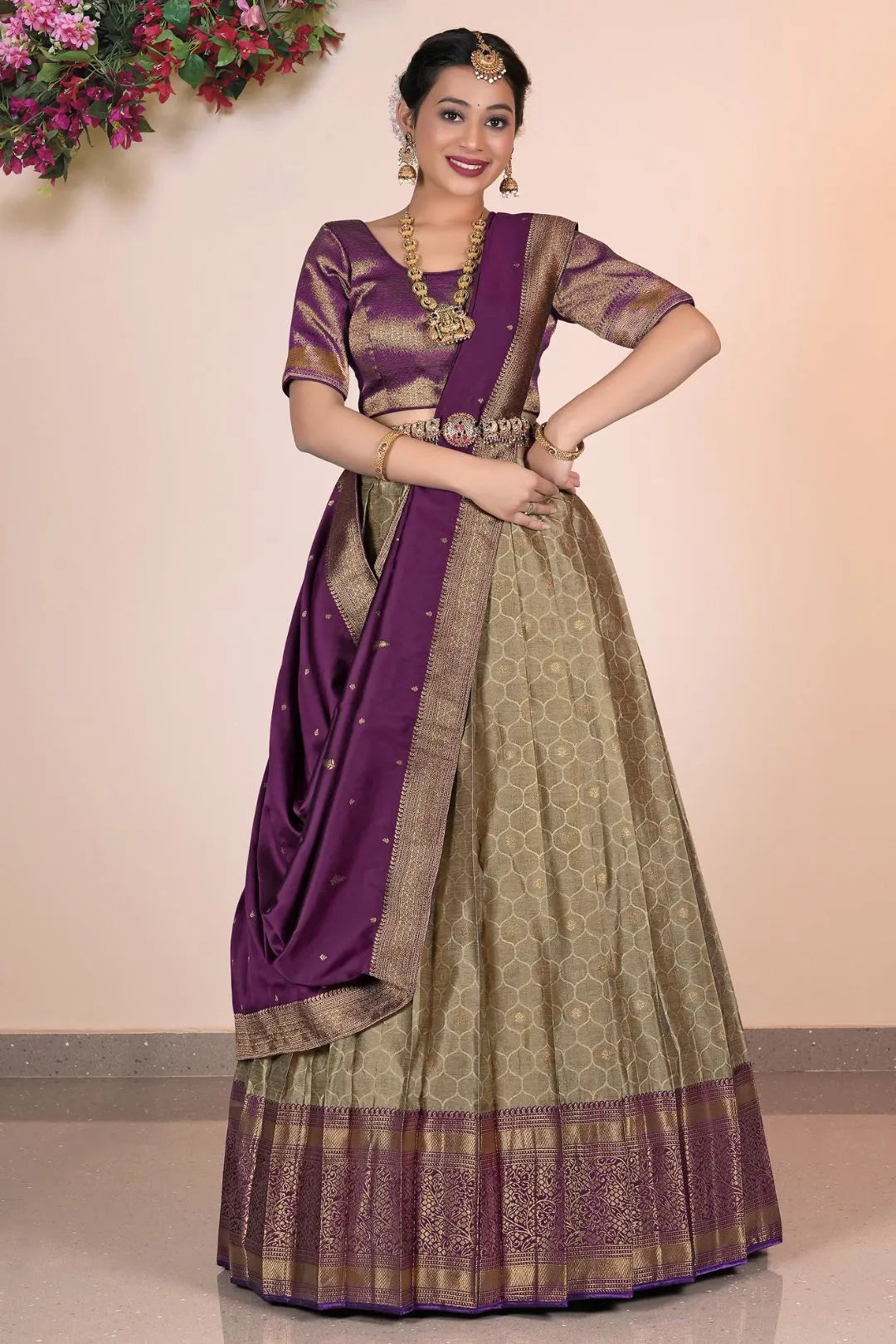 Chiku Banarasi Silk Half Saree With Zari Weaving