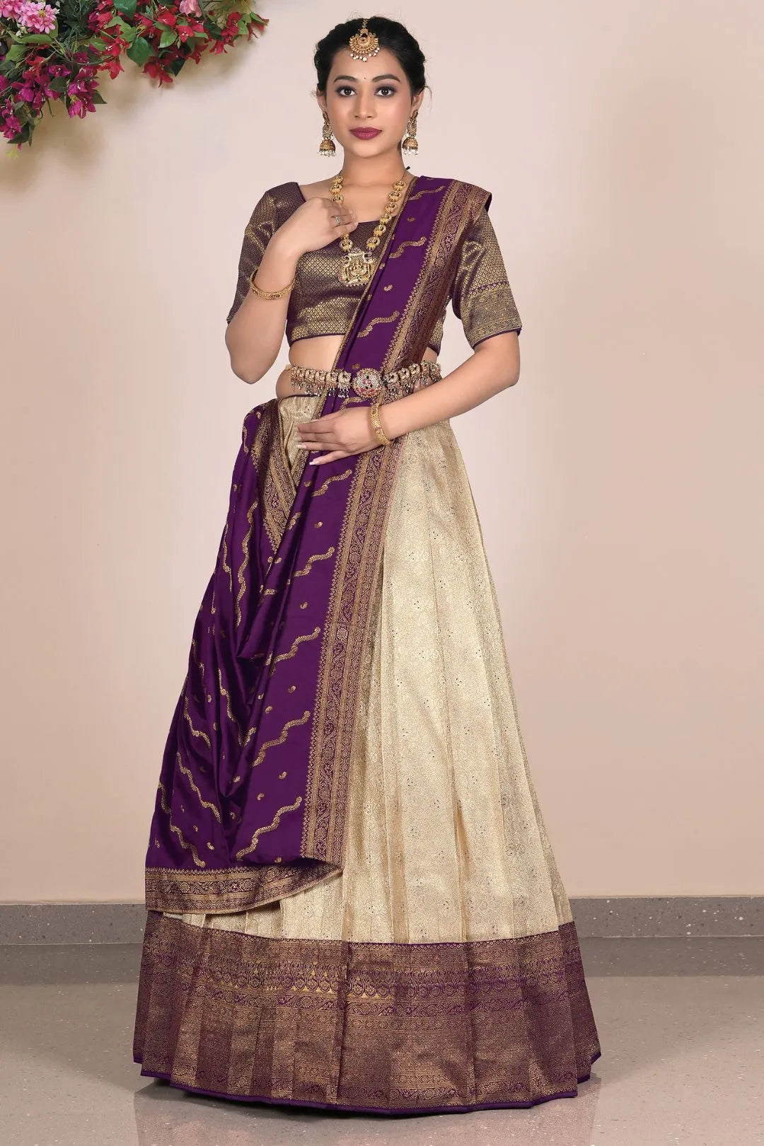 Chiku Jacquard Banarasi Silk Lehenga With Zari Woven