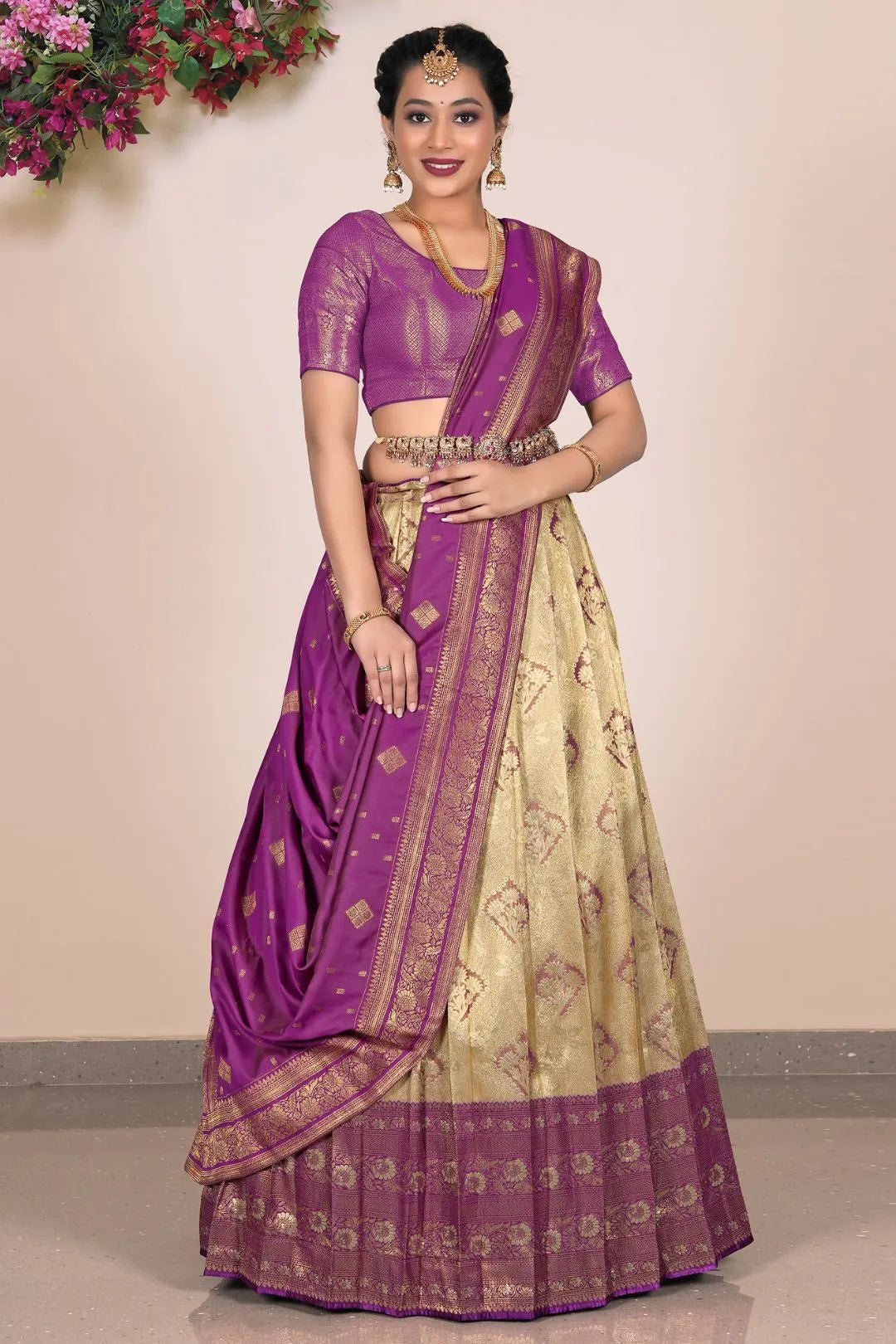 Chiku Purple Banarasi Silk Lehenga Design