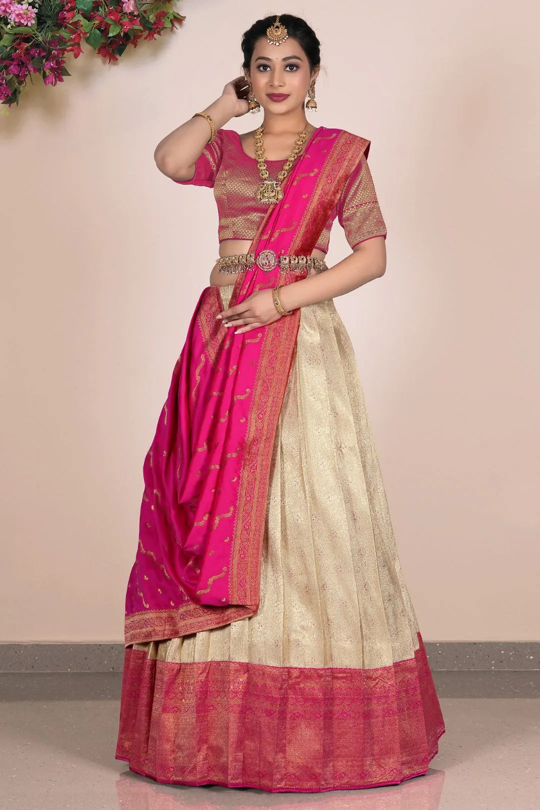 Chiku Self Jacquard Banarasi Silk Lehenga With Zari Woven