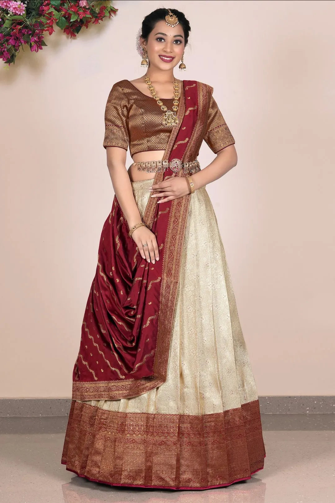 Chiku Self Jacquard Lehenga With Zari Woven