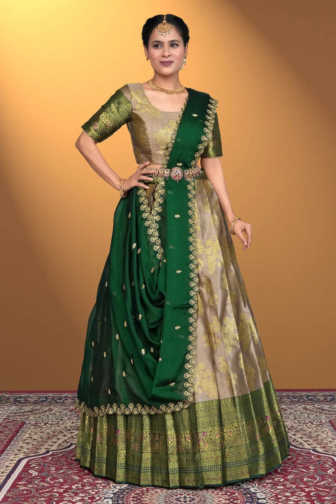 Chiku Semi-Stitched Lehenga Choli In Banarasi Silk