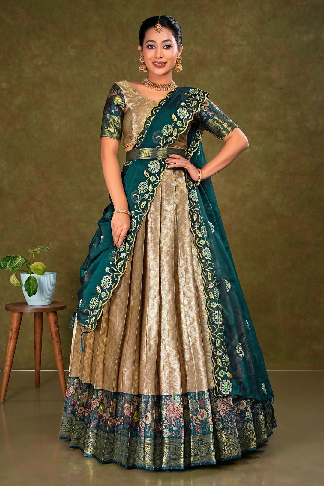 Chiku Banarasi Silk Lehenga Choli With Zari Woven