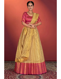 Chiku Tissue Silk Pattu Half Saree With Zari Woven