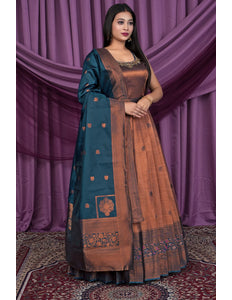 Brown Designer Banarasi Gown With Dupatta