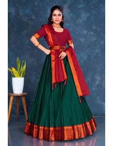 Green Cotton Silk Lehenga Choli with Zari Work