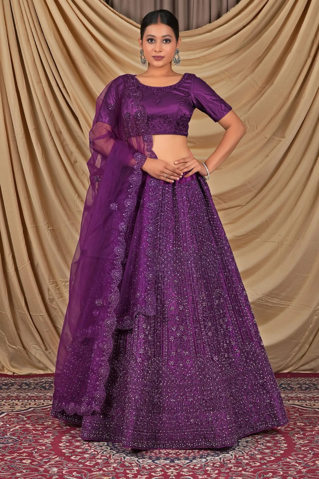 Dark Purple Sequins Embroidered Net Lehenga Choli