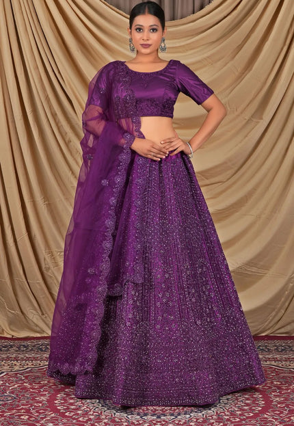 Dark Purple Sequins Embroidered Net Lehenga Choli