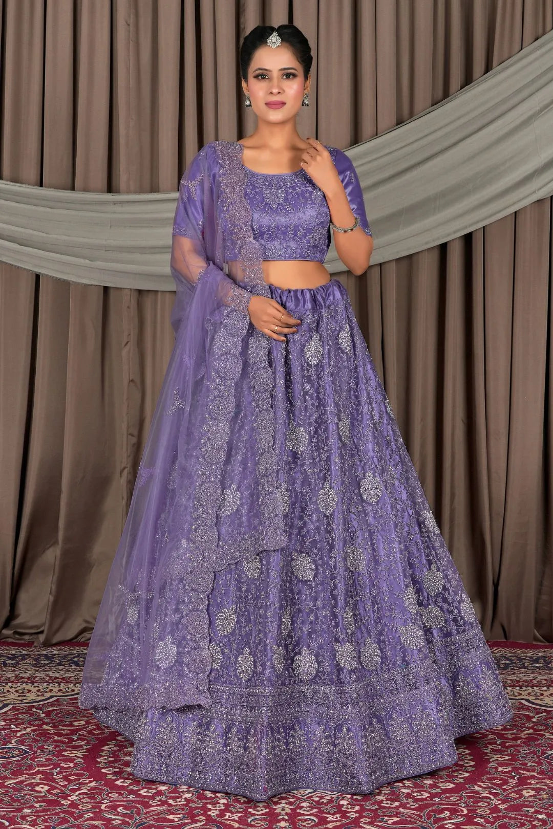 Purple Embroidered Bridesmaid Lehenga Choli In Net