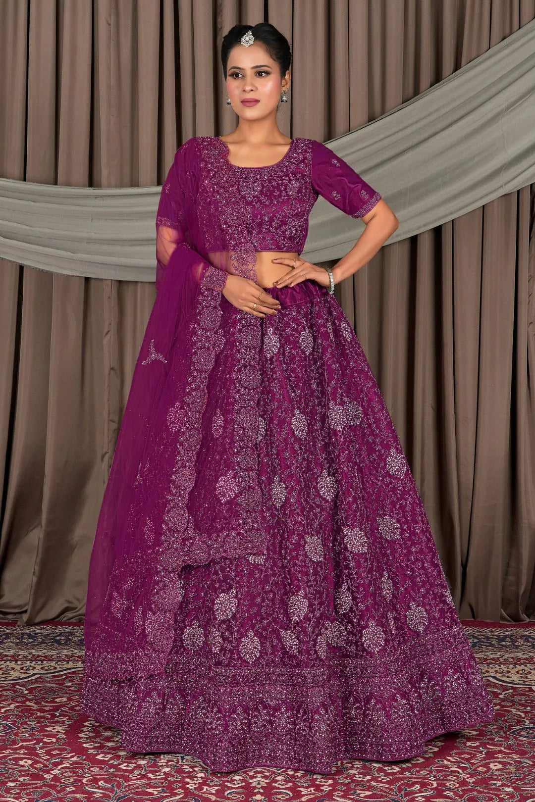 Purple Embroidered Bridesmaid Lehenga Choli In Net