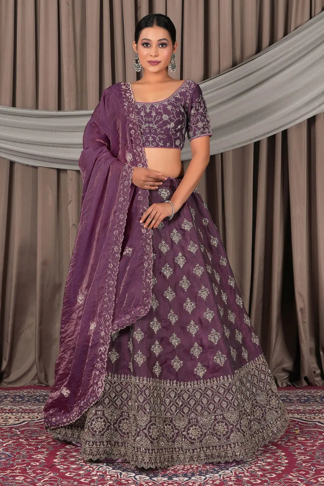 Wine Fendy Silk Semi-Stitched Lehenga For Women Gajiwala