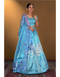 Firozi Digital Printed Satin Lehenga With Chinnon Dupatta