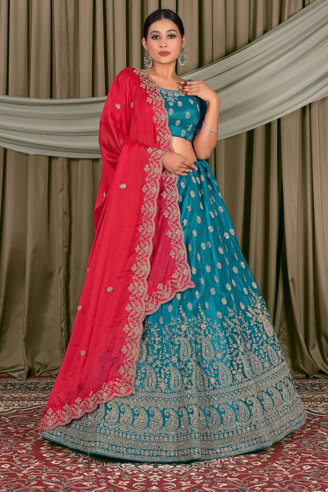 Firozi Embroidered Bridesmaid Lehenga Choli In Net