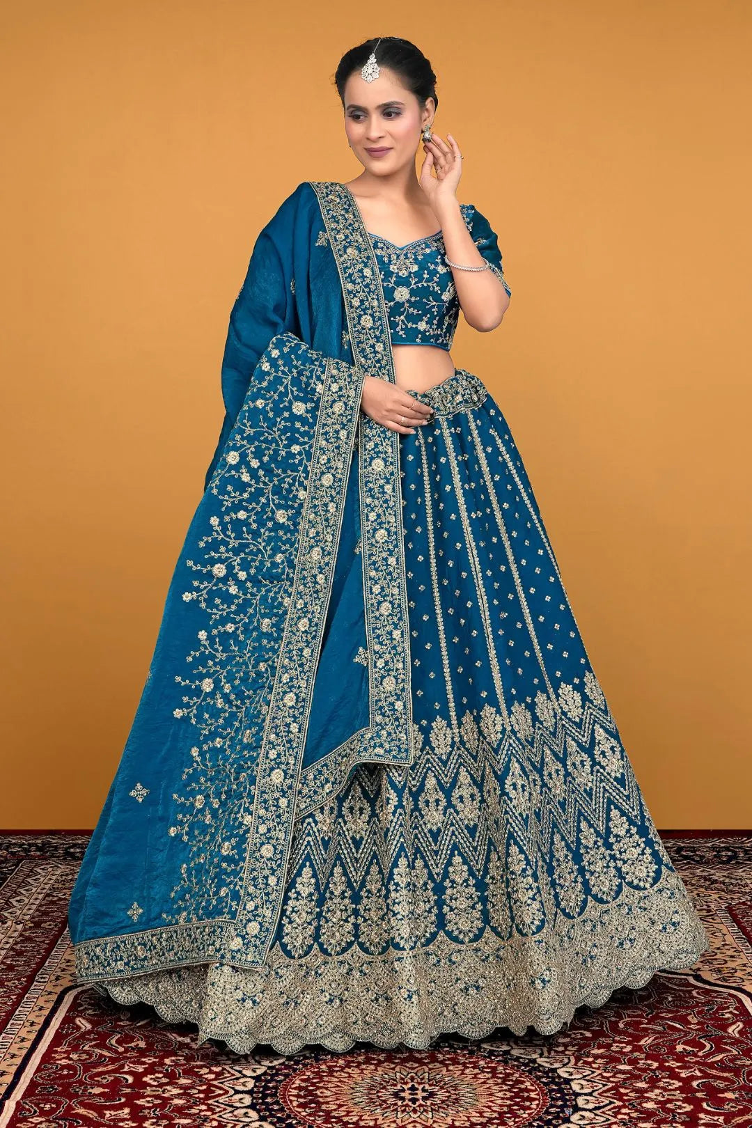 Firozi Fendy Fabric Lehenga Choli With Embroidery Work