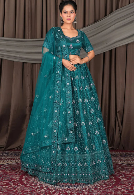 Firozi Net Lehenga Choli With Embroidery Work