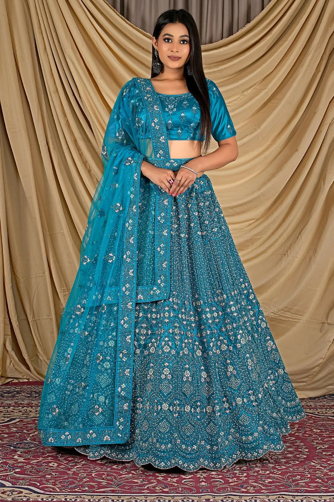 Firozi Party Wear Embroidered Net Lehenga Choli For Women