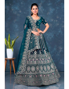 Firozi Velvet Bridal Lehenga Choli For Wedding