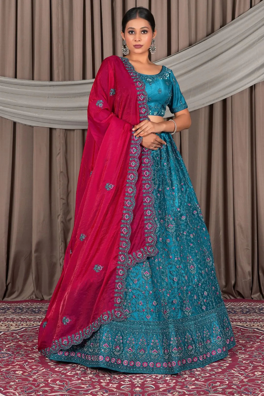 Firozi Wedding Wear Embroidered Net Lehenga Choli For Women