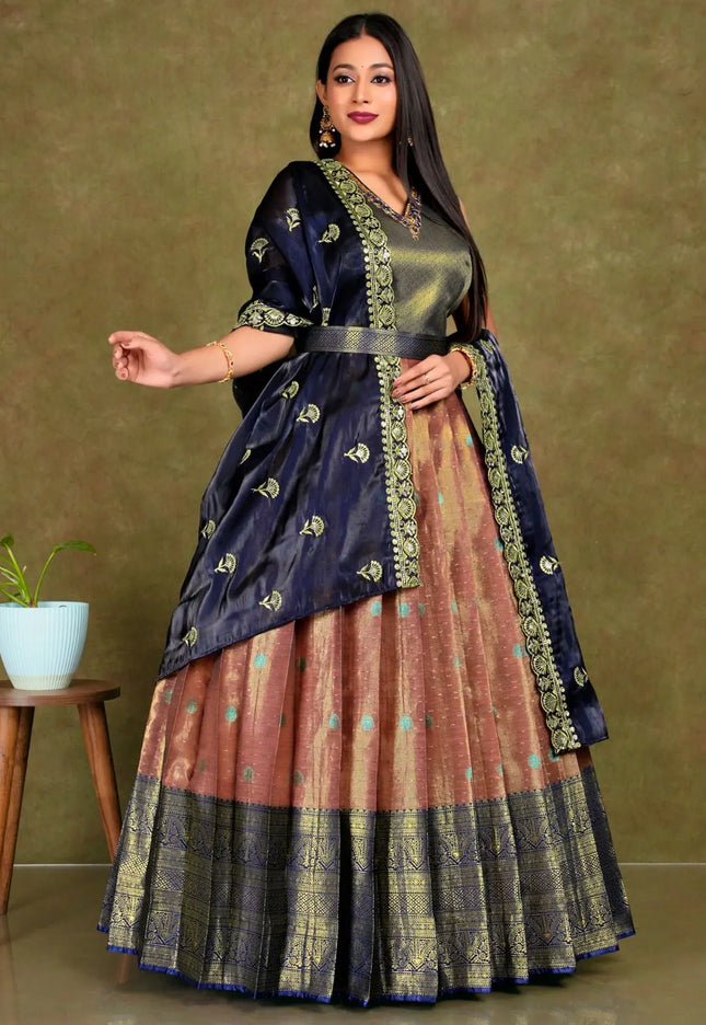 Woman wearing a traditional outfit with a dupatta and multicolored gown