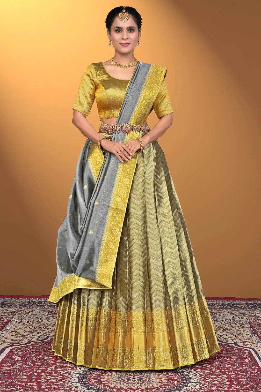 Gold Pure Two Zari Tissue Half Saree For Women