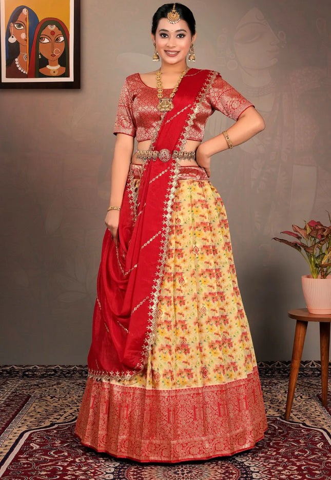 Gold Zari Tissue Lehenga Choli With Digital Print