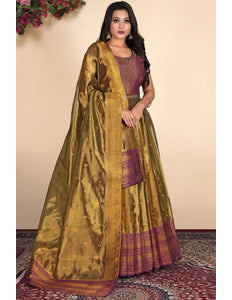 Gold Latest Tissue Silk Gown with Zari Work