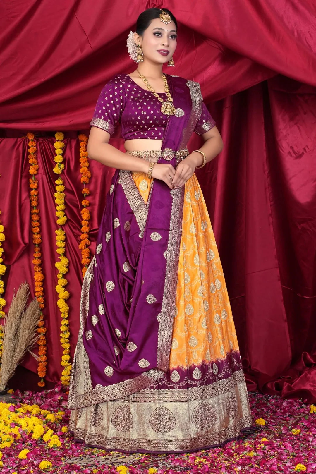 Gold Pink Viscose Silk Half Saree With Zari Work