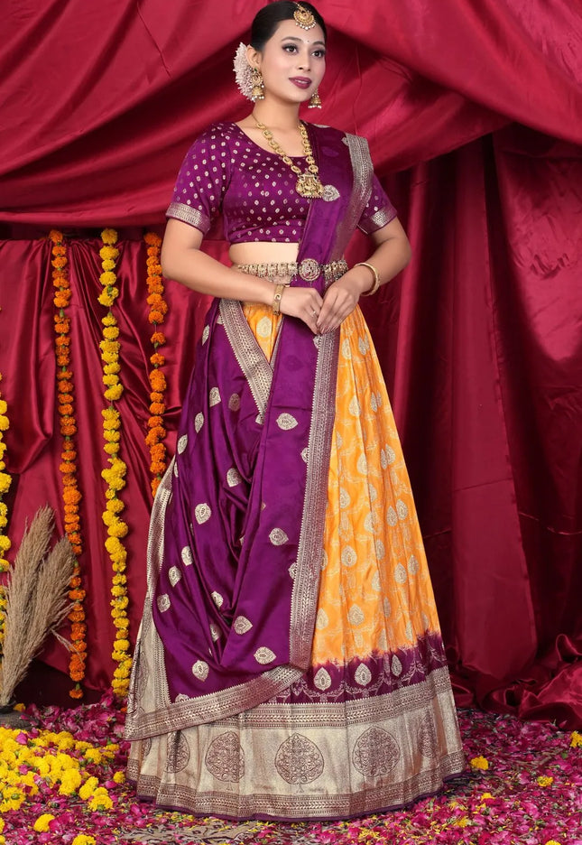 Gold Pink Viscose Silk Half Saree With Zari Work