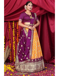 Gold Pink Viscose Silk Half Saree With Zari Work