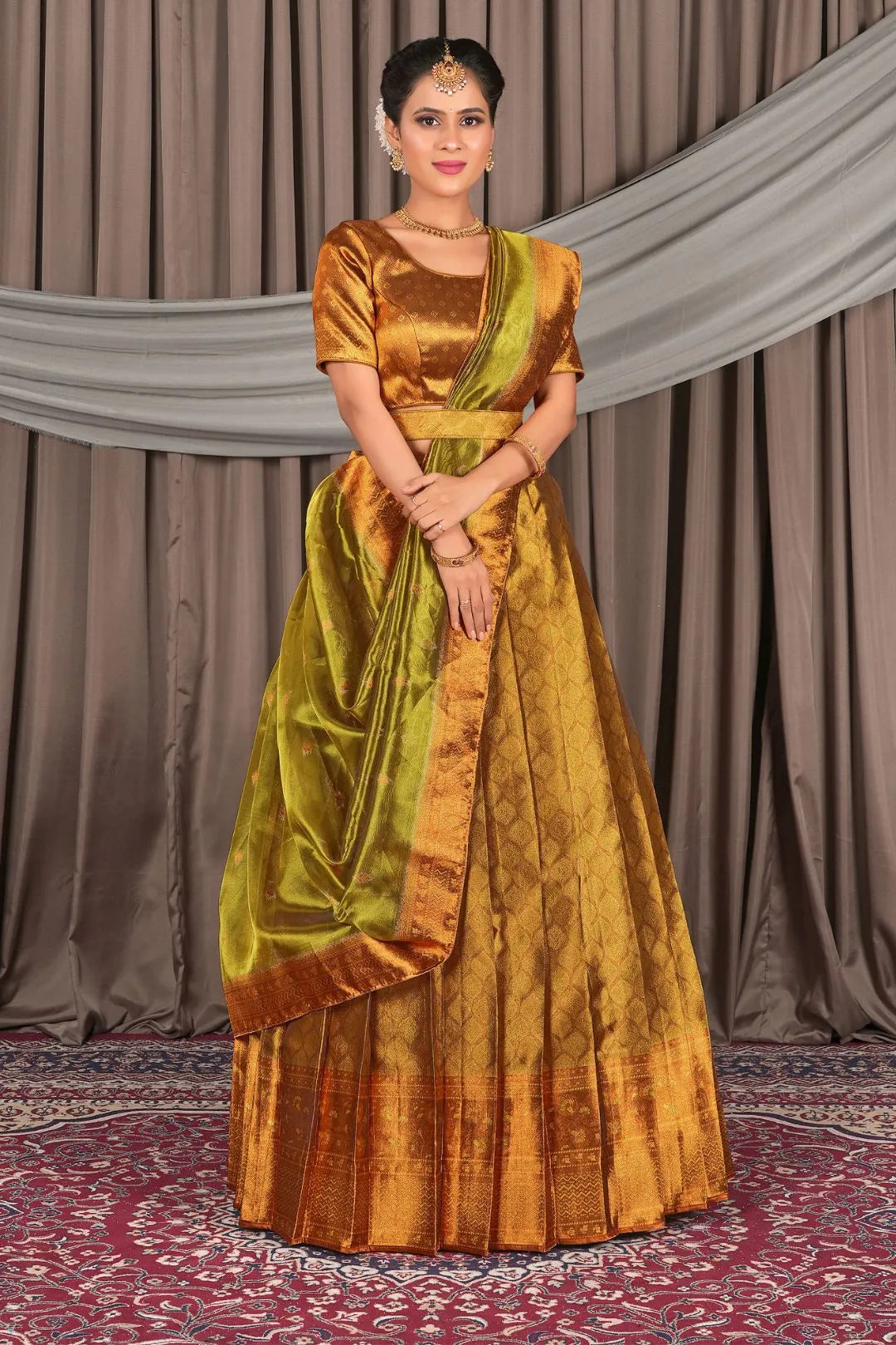 Gold Pure Two Tone Zari Tissue Pattu Half Saree For Women