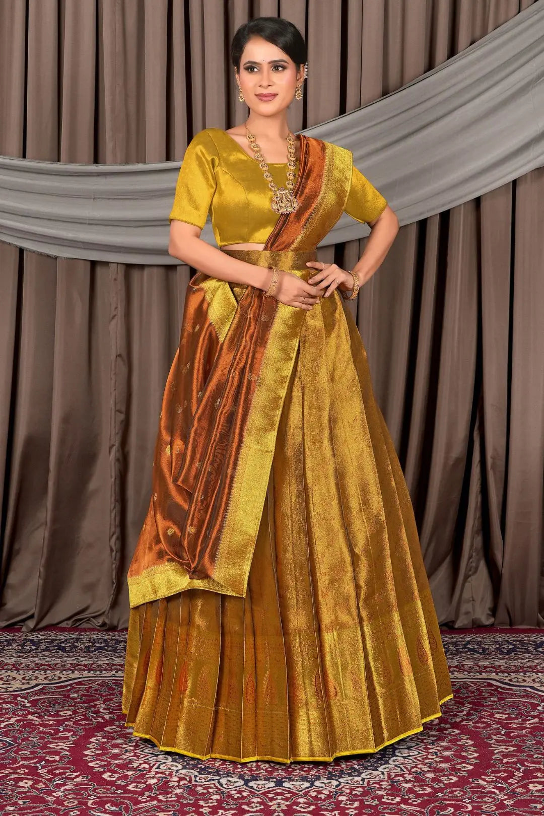 Gold Pure Two Tone Zari Tissue Pattu Half Saree For Women Gajiwala