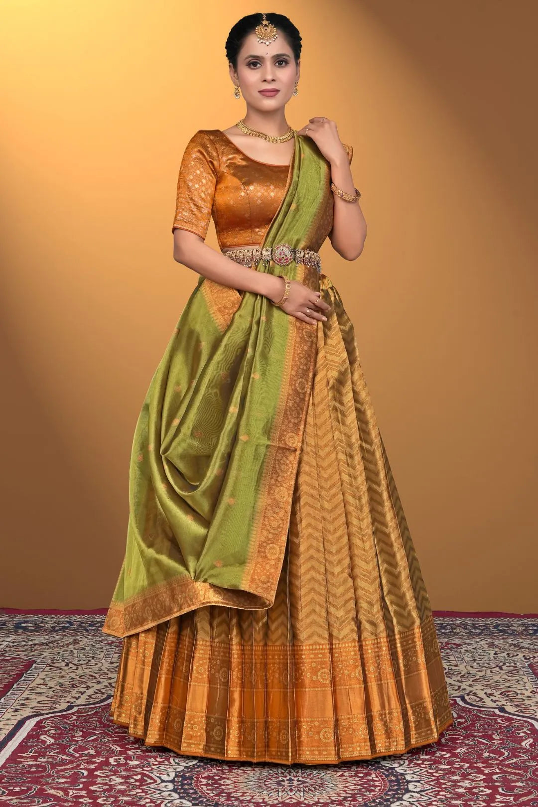 Gold Pure Two Zari Tissue Half Saree For Women
