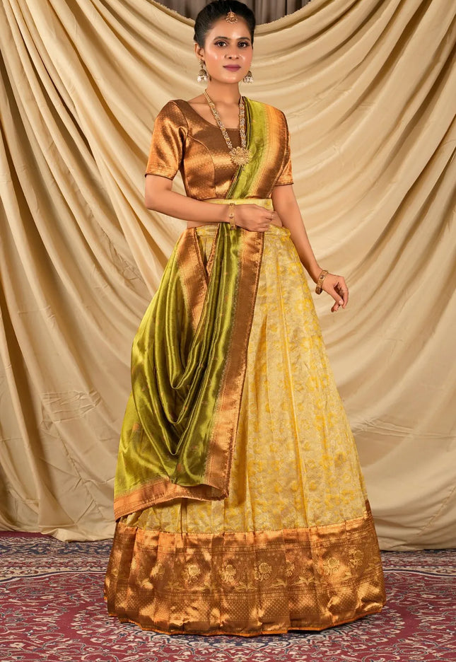 Gold Self Jacquard Silk Lehenga Choli With Zari Woven