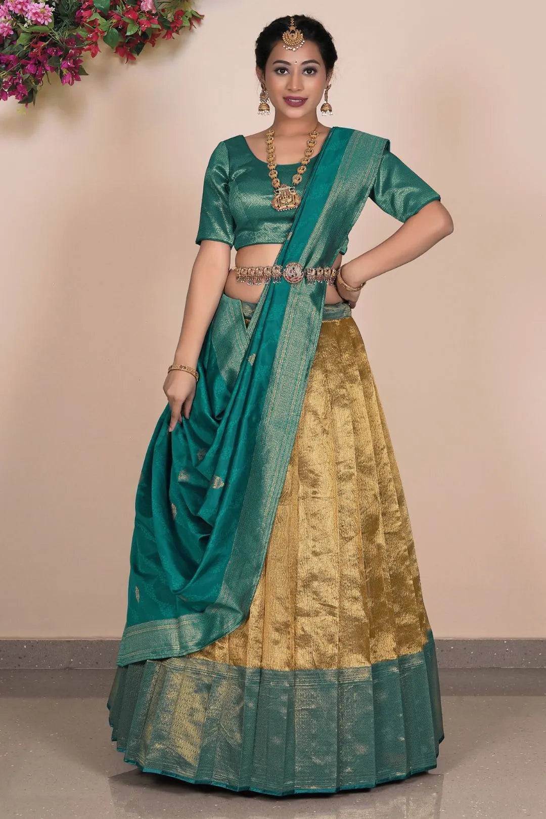 Gold Traditional Tissue Silk Lehenga Choli